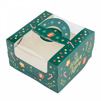 Коробка для бенто-торта "С Новым годом" с ручками с окном 140х140х80 мм