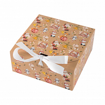 Коробка для 9 конфет с разделителями "Санта и животные" с лентой, 11*11*5 см