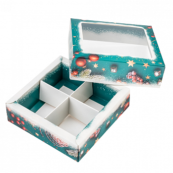 Коробка для 4 конфет "С Новым годом" бирюзовый, с окном