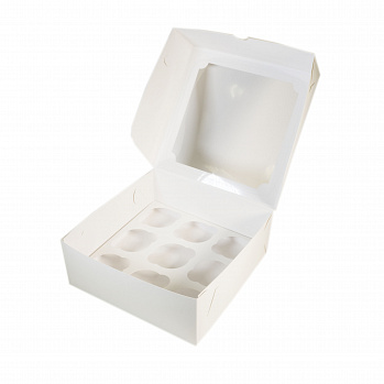 Коробка для капкейков белая 9 ячеек (С окном)