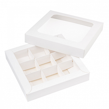 Коробка NEW для 9 конфет белая, с окном с крышкой
