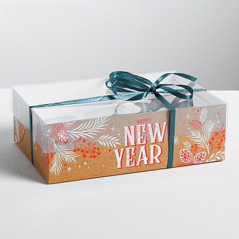 Коробка для 6 капкейков с прозрачной крышкой «Счастливого Нового года",16*23*7,5 см