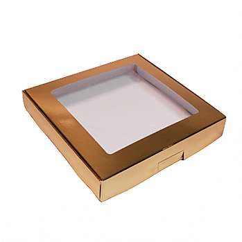 Коробка для печенья 19*19*3 см, Золотая с окном
