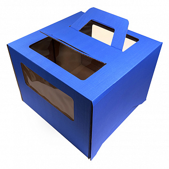 Коробка для торта с ручкой 28*28*20 см (с окнами) голубая