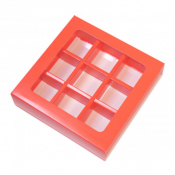 Коробка для 9 конфет с разделителями, алая с окном