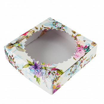 Коробка для печенья 12*12*3 см с окном "Цветы ассорти"