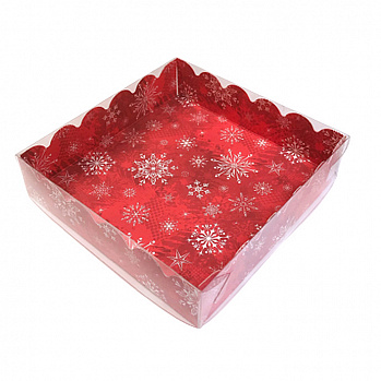Коробка для пряников с прозрачной крышкой "Снежинки на красном", 12*12*3 см