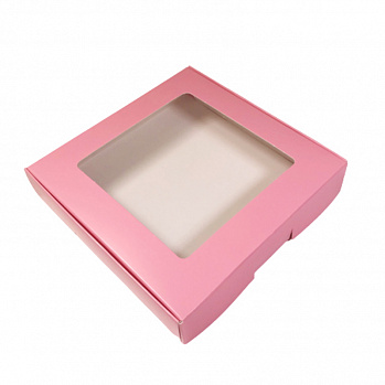 Коробка для печенья 16*16*3 см, Розовая с окном