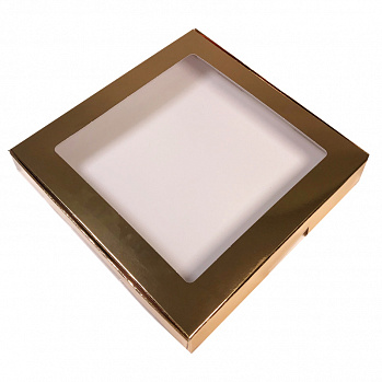 Коробка для печенья 21*21*3 см, Золотая с окном