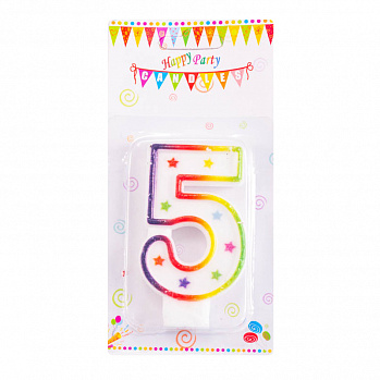 Свеча для торта "Цифра 5", цветная со звездами 7 см