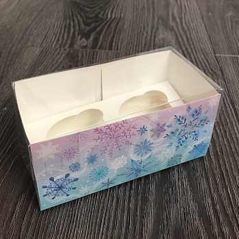 Коробка для 2 капкейков с прозрачной крышкой "Снежинки" 8*16*7,5 см