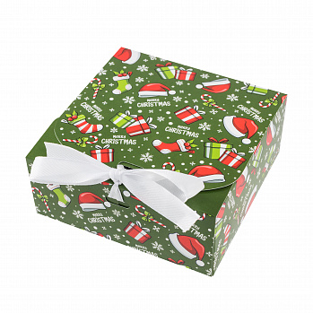 Коробка для 9 конфет с разделителями "Рождественское ассорти" с лентой, 11*11*5 см
