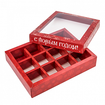 Коробка для 12 конфет с разделителями "Снежинки", красная с окном