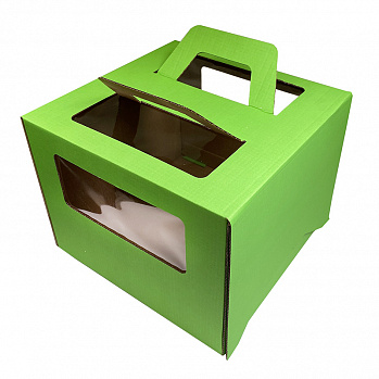 Коробка для торта с ручкой 26*26*20 см (с окнами) зеленая
