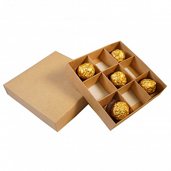 Коробка для конфет, 9 ячеек крафт, 14,5*14,5*3 см