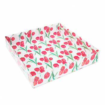 Коробка для печенья 15*15*3 см "Тюльпаны красные" с прозрачной крышкой