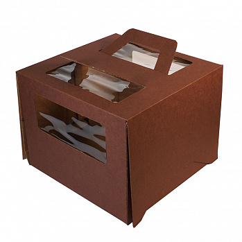 Коробка для торта 26*26*20 см, шоколадная с ручками (окна)
