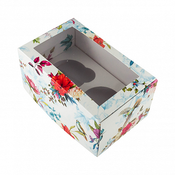 Коробка для 2 капкейков с окном "Цветы ассорти"