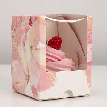 Коробка для 1 капкейка с окном "Цветы розовые" 10*10*12 см