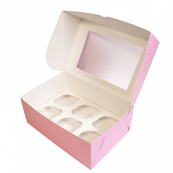 Коробка для 6 капкейков Розовая, с окном