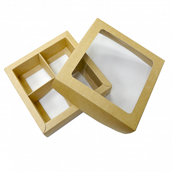 Коробка для 4 конфет с разделителями Крафт с окном