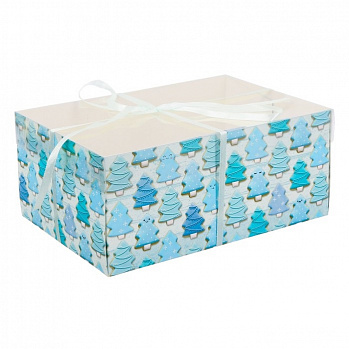 Коробка для 6 капкейков с прозрачной крышкой «Голубые елочки», 16*23*10 см