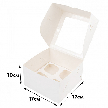 Коробка для 4 капкейков, белая с окном