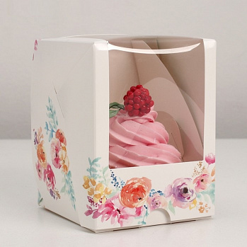 Коробка для 1 капкейка с окном "Цветы акварельные" 10*10*12 см