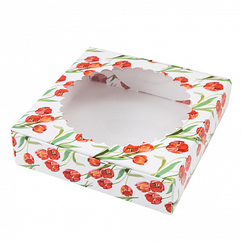 Коробка для печенья "Красные тюльпаны" с окном, 12*12*3 см