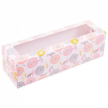 Коробка для макарун "Цветочки" розовые 18*5,5 см
