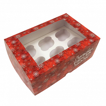 Коробка для 6 капкейков "Снежинки" красная, с окном