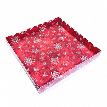 Коробка для пряников с прозрачной крышкой "Снежинки на красном", 20*20*3 см