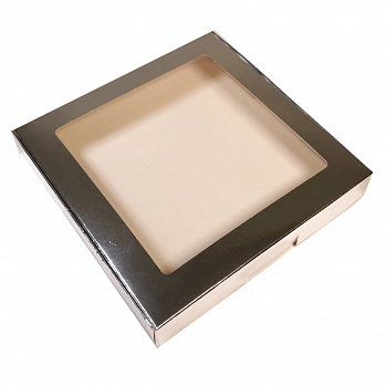 Коробка для печенья 21*21*3 см, Серебряная с окном