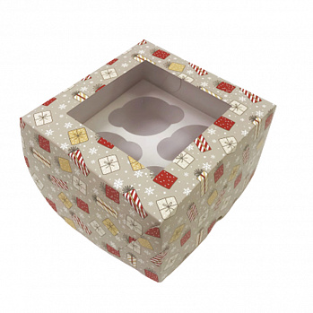 Коробка для 4 капкейков "Подарки", с окном
