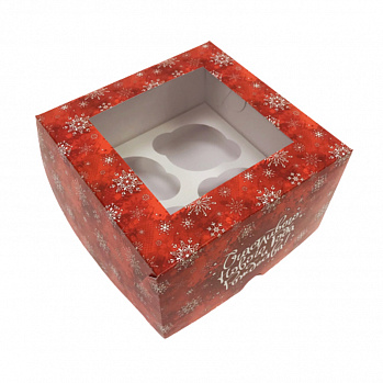 Коробка для 4 капкейков "Снежинки" красная, с окном