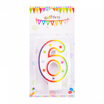 Свеча для торта "Цифра 6", цветная со звездами 7 см