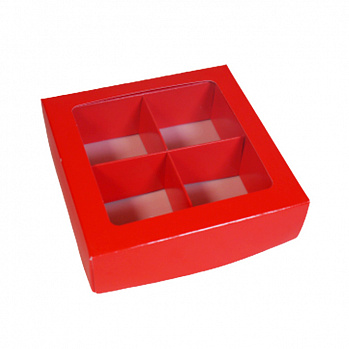 Коробка для 4 конфет с разделителями, Алая с окном