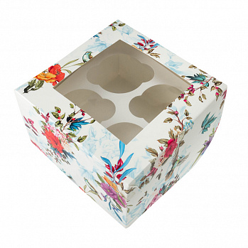 Коробка для 4 капкейков с окном "Цветы ассорти"